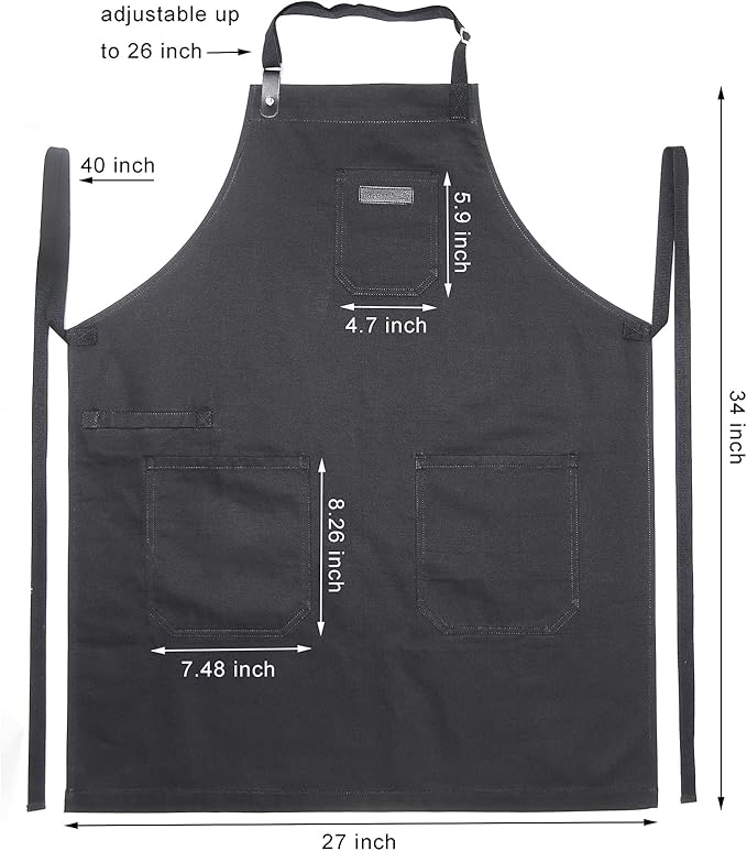 Black Cotton Kitchen Apron, Mens Womens Professional Cooking Bib Apron for Chef Grill BBQ, with Pockets Towel Loop and Adjustable Neck Strap