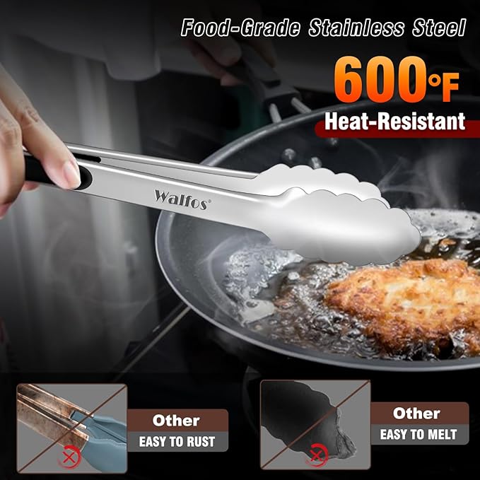 Walfos Stainless Steel Kitchen Tongs for Cooking- 7 ，9 and 12 Inch, Food Grade Metal Tongs for Cooking, BBQ, Set of 3 Heavy Duty Locking Cooking Tongs Non-Slip Grip