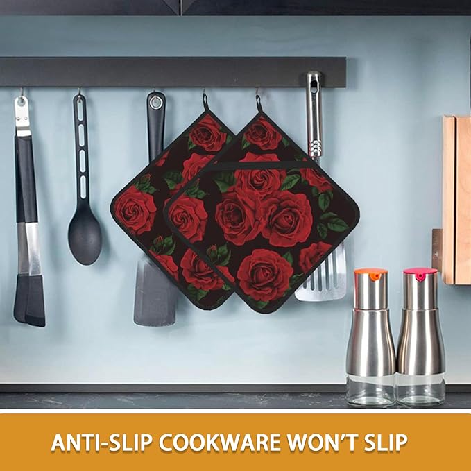 Vintage Red Rose Pot Holder Set of 2,Heat Resistant Potholders Oven Hot Pads for Kitchen Cooking Baking BBQ