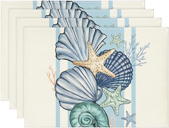 Artoid Mode Sea Shell Starfish Summer Placemats Set of 4, 12x18 Inch Seasonal Spring Ocean Table Mats for Party Kitchen Dining Decoration