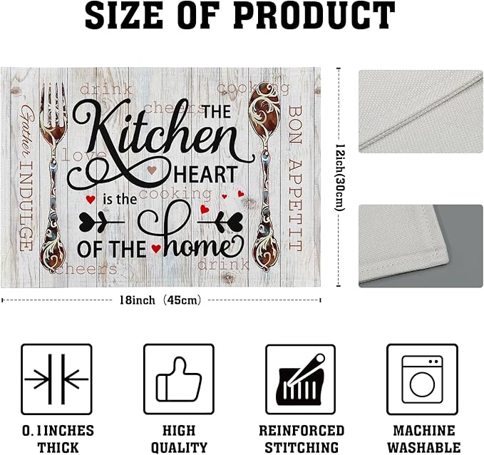 Giwawa The Kitchen is The Heart of The Home Placemats Set of 4, Farmhouse Vintage Style Cooking Sets Linen Washable Table Place Mats 12x18 Inch for Kitchen Dining Party Indoor Outdoor Decor