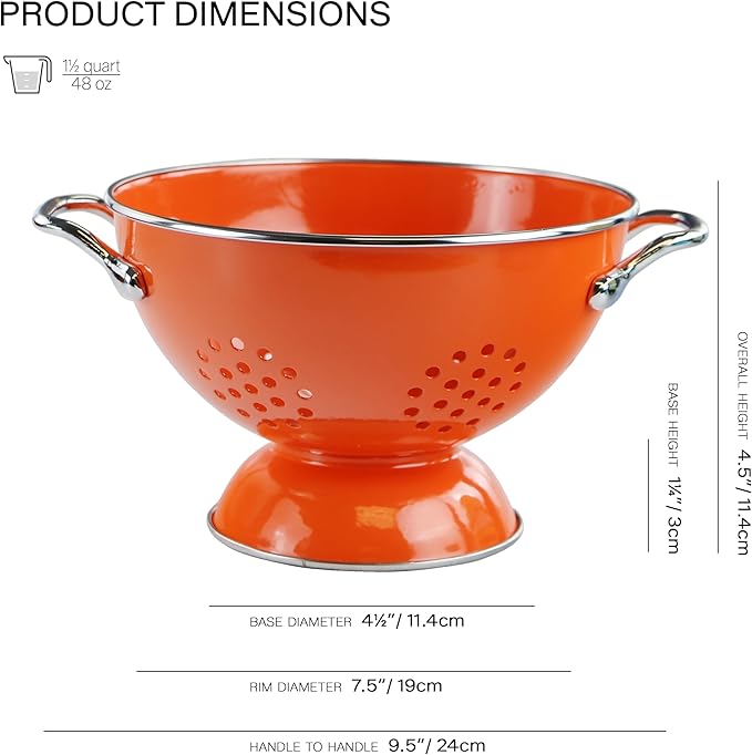 Reston Lloyd, 1.5 Quart Powder Coated Steel Kitchen Strainer Basket for draining Pasta, Vegetable and Fruit, Chrome Handles and Wide Stable Base, Orange