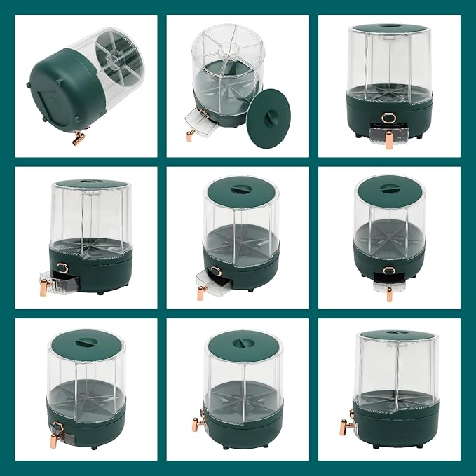 Cereal Dispenser, 6-grid 360° Rotating Grain Dispenser, 6 in 1 Sealed Clear Rice Dispenser, 6.5kg/14.33lbs Grain Storage Container, One-click Output Round Dry Foods Dispenser, 9.25*11.42in Green