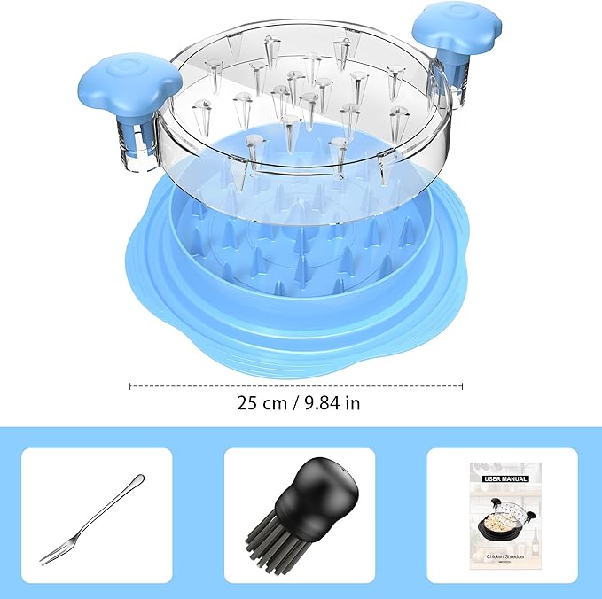 Chicken Shredder Large Chicken Breast Shredder Tool Twist with Brush&Fork, Visible Meat Shredder Machine, Anti-Slip Strip, Ergonomic Handle, BPA Free, Suitable for Pork Beef Chicken(Sky Blue)