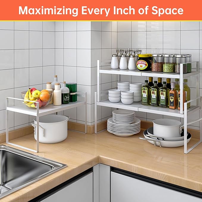 (2-Pack) 11" Cabinet Shelf Organizer Set, 14"~25" Expandable Shelves for Kitchen Cabinets & Cupboards, Perfect for Dishes, or Small Appliance Storage