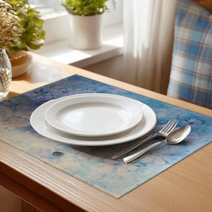 HOMETITUTE Linen Placemats Set of 4 12x18 inch Spring Table Mats for Dining Table Blue Floral Farmhouse Decorations Kitchen Decor Desk Mat for Outdoor Home Party Kitchen Seasonal Dining Decor