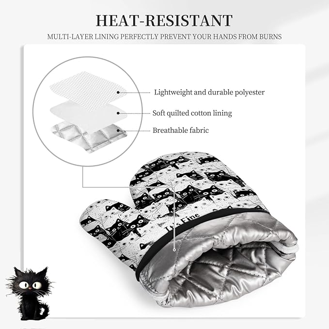 Black Cat Oven Mitts and Pot Holders Sets 3PCS, Cat Silicone Heat Resistant Oven Mitts Birthday Gifts for Cats Lover, Cute Cats Pot Holder Non-Slip Silicone Oven Gloves for Mom Wife Sister BFF