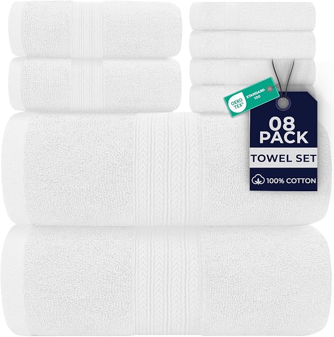 DAN RIVER 8 PC Luxury Bath Towels for Bathroom, 2 Bath, 2 Hand, and 4 Wash Cloths, 600 GSM 100% Ring Spun Cotton Towel Set, Highly Absorbent, Gym, Hotel, and Spa, White