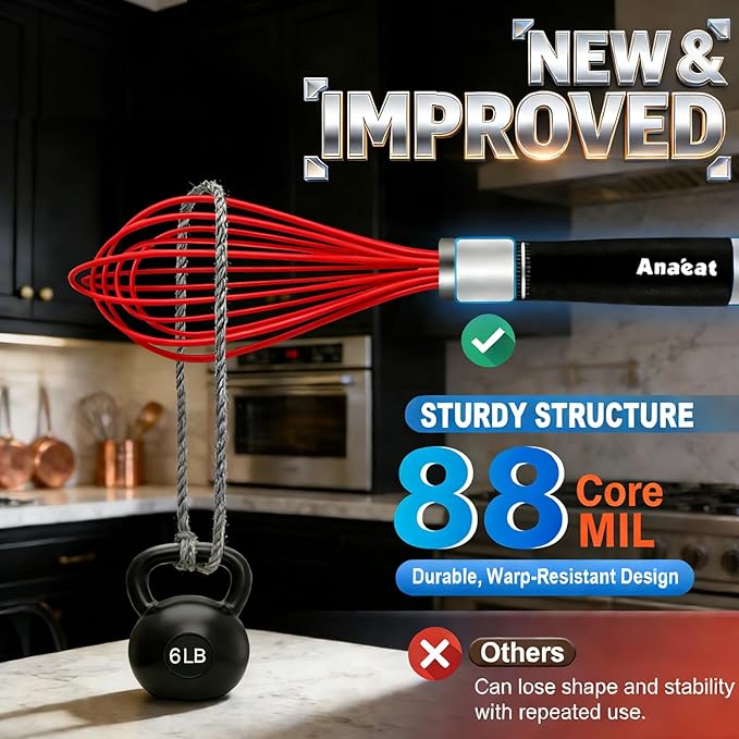 Anaeat Silicone Whisk, Thick Stainless Steel Wire Inner - Heat Resistant Kitchen Whisks for Non-Stick Cookware, Balloon Egg Beater for Whisking, Blending, Beating, Frothing & Stirring (Red)