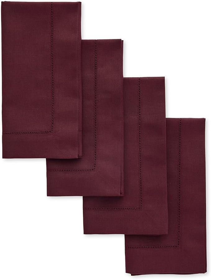 Solino Home Wine Napkins Set of 4 - Cotton Linen Hemstitch Dinner Napkins Cloth 20 x 20 Inch for Mothers Day - Handcrafted and Machine Washable