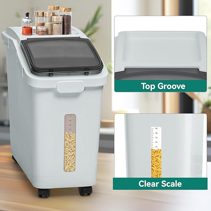 YITAHOME Large Flour & Rice Food Storage Bins, 11.4-Gallon with Wheels, Scoop and Airtight Lid for Bulk Cereal Grain, Sugar - Gray