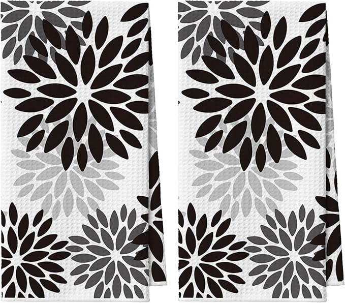 Artoid Mode Black Dahlia Floral Kitchen Towels Dish Towels, 18x26 Inch Quick Dry Microfiber Cloth Hand Towels for Kitchen Drying Set of 2