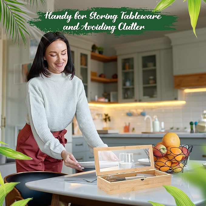 Baderke 2 Pieces Bamboo Drawer Organizer with Clear Lid Stackable Utensil Organizer Kitchen Silverware Holder Bamboo Flatware Cutlery Storage Box in Drawer