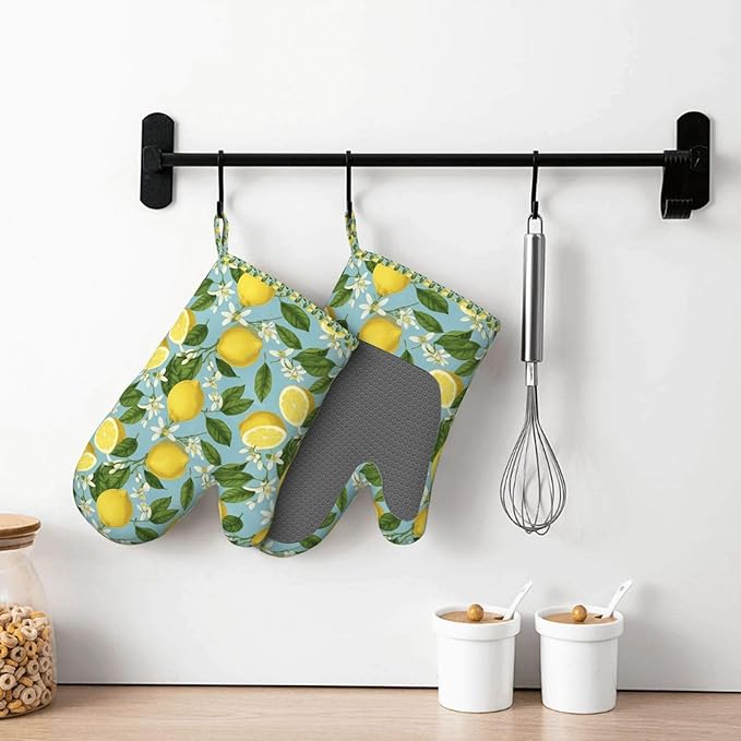 Lemon Silicone Oven Mitts Set of 2, Heat Resistant up to 500°F, Kitchen Oven Gloves with Non-Slip Grip and Soft Cotton Lining for Baking, Cooking and BBQ