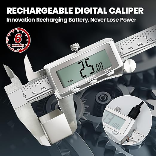 Digital Caliper 6 Inch, Rechargeable Calipers Tool with Backlight LCD Screen, Stainless Steel Caliper Measuring Tool, Auto-Off Micrometer, Inch/MM/Fraction Conversion for 3D-Printing/DIY/Household