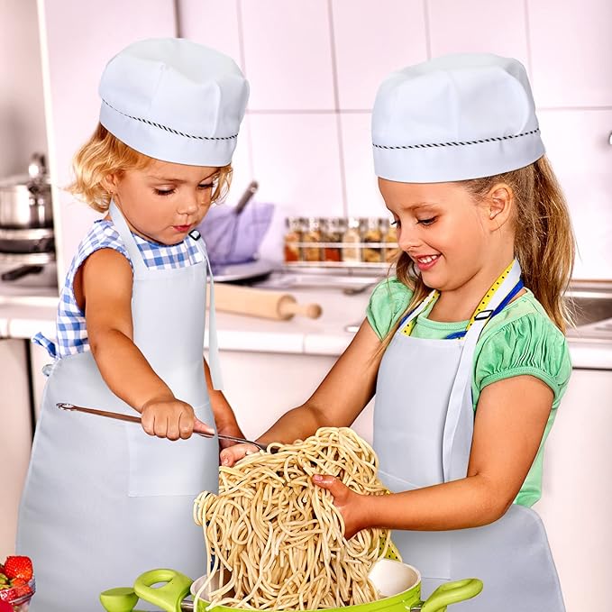 Handepo 28 Pcs Kid Apron and Chef Hat Set Adjustable Bib Apron with Pockets for Kids Cooking Baking Painting Crafting