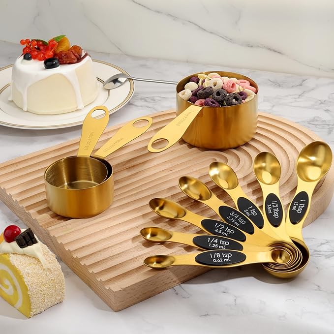 GuDoQi Gold Magnetic Measuring Spoons and Cups Set of 12, 8 Dual Sided Magnetic Measuring Spoons set with Leveler, 4 Measuring Cups, Premium Stainless Steel, Measuring for Liquid and Dry Ingredients