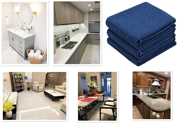 Waffle Weave Kitchen Towels - Thick Microfiber Absorbent Tea & Dish Drying Towels - Lint Free - 16Inch x 24Inch - 3 Pack Navy Blue