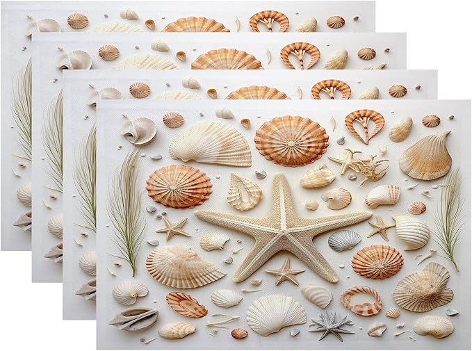Batmerry Seashells Starfish Placemats, Beach Themed Arrangement Washable Linen Table Mats for Kitchen Table Double Insulation Decor Dining Set Indoor Outdoor 12X18 in Set of 4