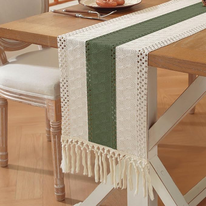 Niviy Dark Green Table Runner 72 Inches Long with Tassels, Seasonal Spring Summer Washable Embroidered Striped Braided Boho Table Runners for Holiday Party 12 x 72 Inches