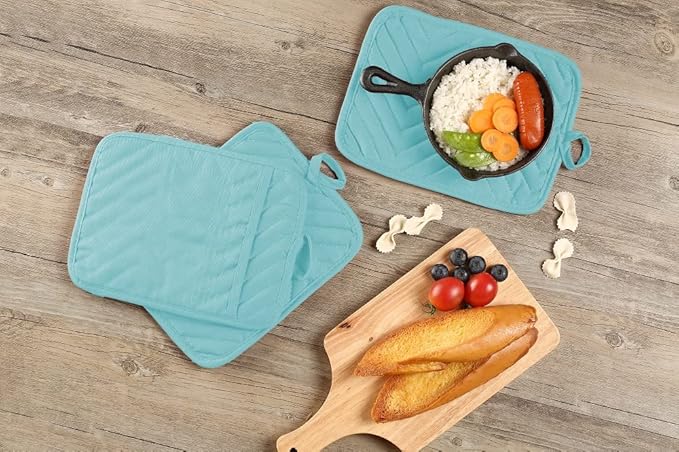 Oven Pot Holder with Pocket Cotton Heat Resistant Coaster Potholder Kitchen Hot Pad Oven Mitts for Cooking Square 7"x9" Set of 3 (Aqua)