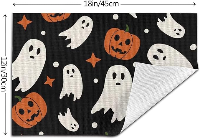 Halloween Orange Pumpkin Placemats 12x18 Inch Set of 4, Black and White Ghost Table Place Mat Autumn Cute Lantern Face Washable Table Mats Decorative Linen Fabric Table Mat for Dining Table