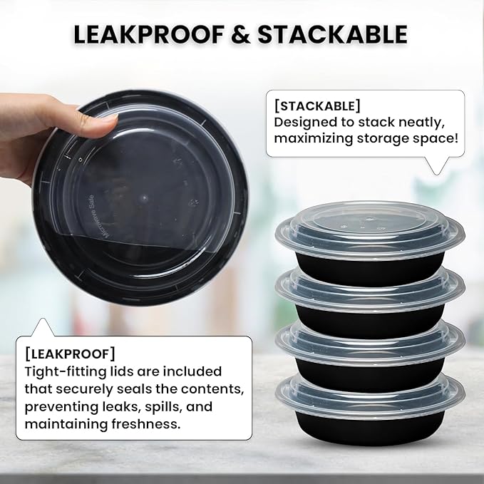 Klex 12 Oz, 300 Sets Meal Prep Containers with Airtight Lids, BPA Free, Reusable Plastic Food Container, 12 oz, Round, Black/Clear, 300 Sets