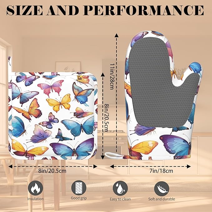 Colorful Butterflies Heat-Resistant Oven Mitts and Pot Holder Kitchen Non-Slip Silicone Cooking Microwave Gloves for Cooking Baking Grilling BBQ