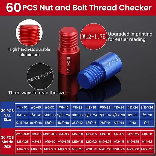 Thread Checker, 60pcs Nut and Bolt Thread Checker, 30 Inch & 30 Metric Box Set Thread Gauge, Thread Checker Standard and Metric Suitable for Size Checker of Bolts or Nuts in Narrow Areas