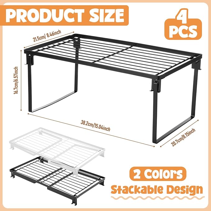 4 Pack Black and White Stackable Metal Kitchen Storage Shelf Foldable Racks, Pantry Shelf Cabinet Organizers, Expandable Storage Rack for Cabinet Fridge Bathroom (Metal)