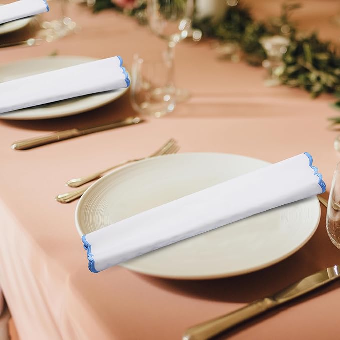 Ridhi Cloth Napkins 100% Pure Cotton Farmhouse Wedding Dinner Napkins Gift for Spring, Easter, Valentine, Holiday, Everyday Napkin (4-18" x 18" Dinner Napkin, White with Blue Edge)