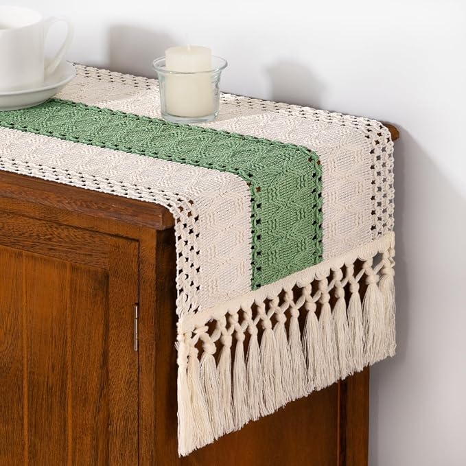 DeZerlor Boho Macrame Table Runner Spring Easter Farmhouse Woven Table Runner with Tassels 108 Inches Ivory& Sage Green Cotton Linen Kitchen Table Decor for Dining Dresser Home Tea Table Decor