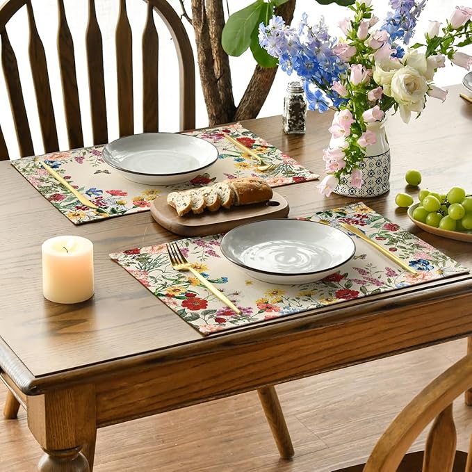 Artoid Mode Vintage Floral Spring Placemats Set of 4, 12x18 Inch Seasonal Holiday Table Mats for Party Kitchen Dining Decoration