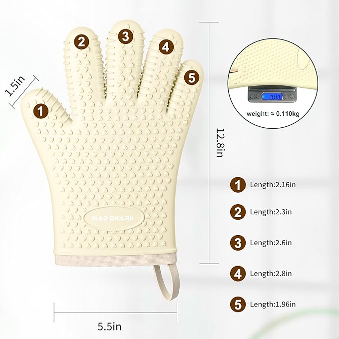 MAD SHARK Silicone Oven Mitts Heat Resistant 450 Degrees,Waterproof & Non-Slip Oven Gloves with Fingers,Cotton Lined Silicone Oven Gloves Kitchen Mitts for Baking Cooking Barbecue,Women,Oven (White)