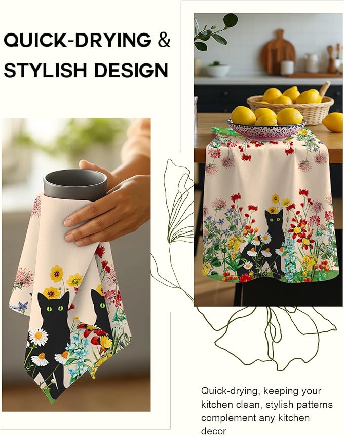 Miss Adola Flour Sack Kitchen Towels - Set of 2 Spring Dish Towels with Hanging Loop 18x26 Inch Absorbent Reusable Cotton Cloths for Cleaning Cute Design Home Decorative Housewarming, Flower Cats