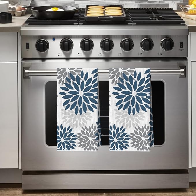 Artoid Mode Aqua Dahlia Floral Bar Kitchen Towels, 12x24 Inch Quick Dry Microfiber Cloth Dish Towels for Kitchen Drying Set of 2