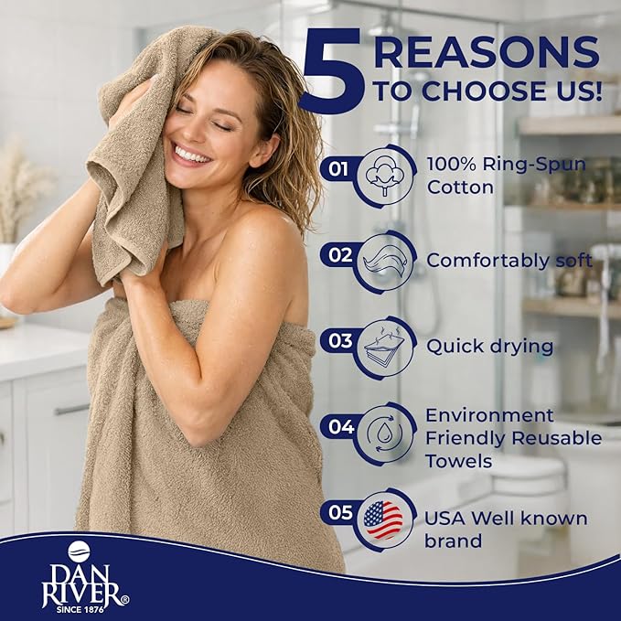 DAN RIVER 8 PC Luxury Bath Towels for Bathroom, 2 Bath, 2 Hand, and 4 Wash Cloths, 600 GSM 100% Ring Spun Cotton Towel Set, Highly Absorbent, Gym, Hotel, and Spa, Tan