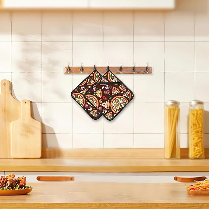 2 Pack Pizza Slices Ingredients Pot Holders for Kitchen Heat Resistant, Potholders for Kitchens Washable for Cooking & Baking & Microwave