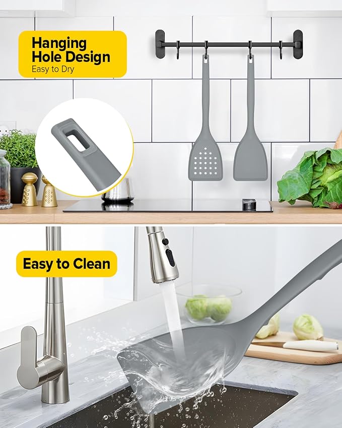 Pack of 2 Silicone Spatula Turner, Non Stick Kitchen Spatulas Set with Back Hooks, Heat Resistant BPA Free Kitchen Utensils, Suitable for Flipping Fish, Eggs, Steak, Pancakes(GRAY)