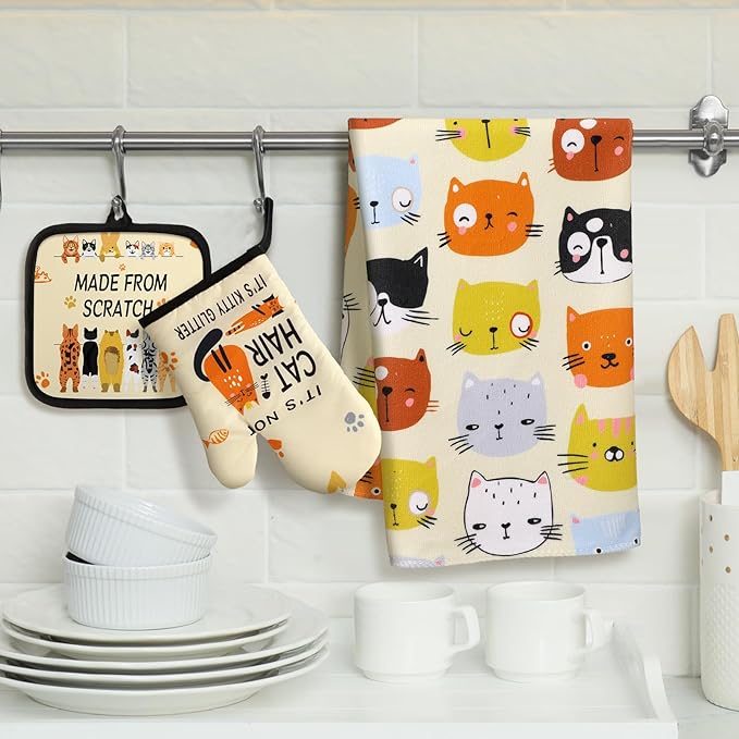 Jingmore 6 Pcs Kitchen Decor Set Accessorie Farmhouse Kitchen Towels Pot Holders Oven Mitts Set 2 Dish Towels 2 Pot Holders 2 Cooking Mittens Oven Glove for Cooking(Vivid Color,Cat)