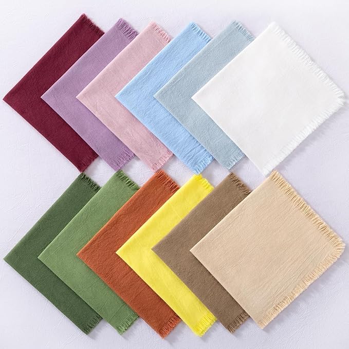 DeZerlor 6 Pack Champagne Cotton Linen Napkins with Fringe Spring Cloth Napkins Set of 6 Boho Handmade Dinner Napkins Bulk for Wedding Bridal Baby Shower Parties, 17 x 17 Inches