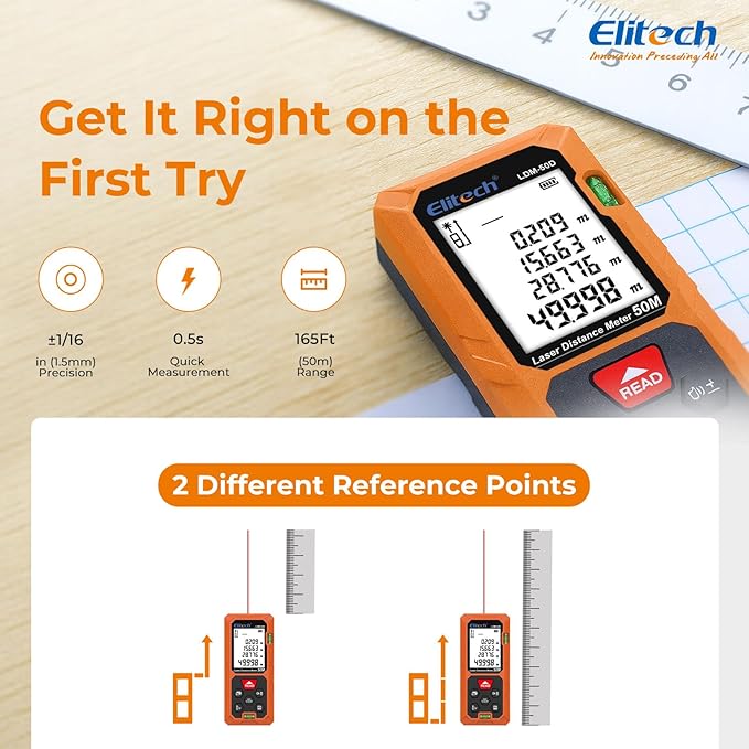 Elitech Laser Measuring Tool 165ft with Mute, Ft/in/M Switching for Home Renovation & DIY