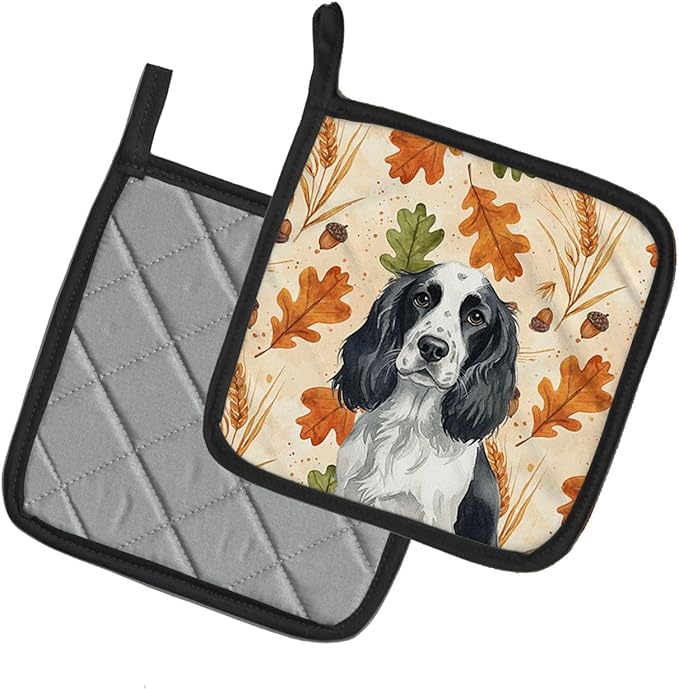 Caroline's Treasures Black and White English Springer Spaniel Heirloom Fall Pair of Pot Holders Pair 7.5x7.5 Quilted Insulated Hot Pads Decorative Kitchen Gift Made in USA