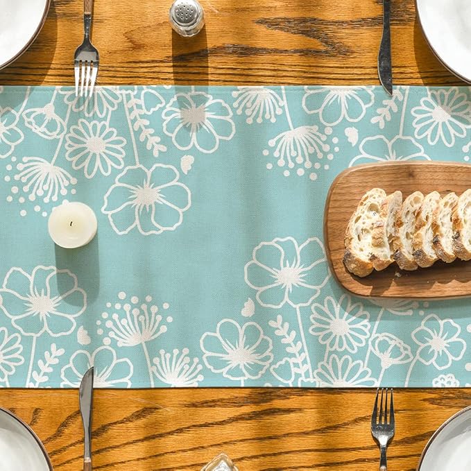 Artoid Mode Blue Bloom Flowers Butterfly Spring Table Runner, Seasonal Holiday Kitchen Dining Table Decoration for Home Party Indoor 13x90 Inch