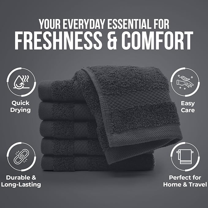 DAN RIVER 12-Pack Premium 100% Cotton Dark Gray Face Towels for Bathroom - Reusable Face Wash Cloths for Showering 12x12 Inches - 550 GSM Super Soft & Absorbent Luxury WashCloths for Body, Spa & Gym