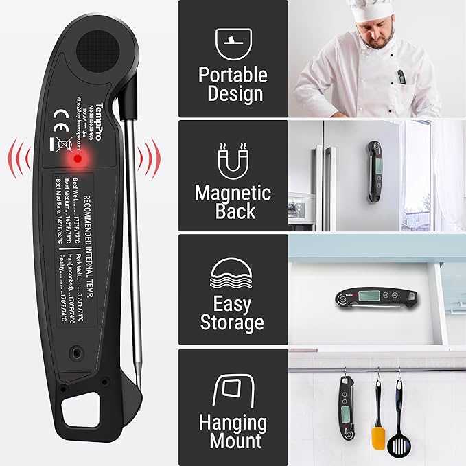 ThermoPro TP605 Instant Read Meat Thermometer for Cooking, Waterproof Digital Food Thermometer with Large Backlit LCD, 180° Foldaway Probe Kitchen Thermometer for Grilling, Smoking & Candy Making