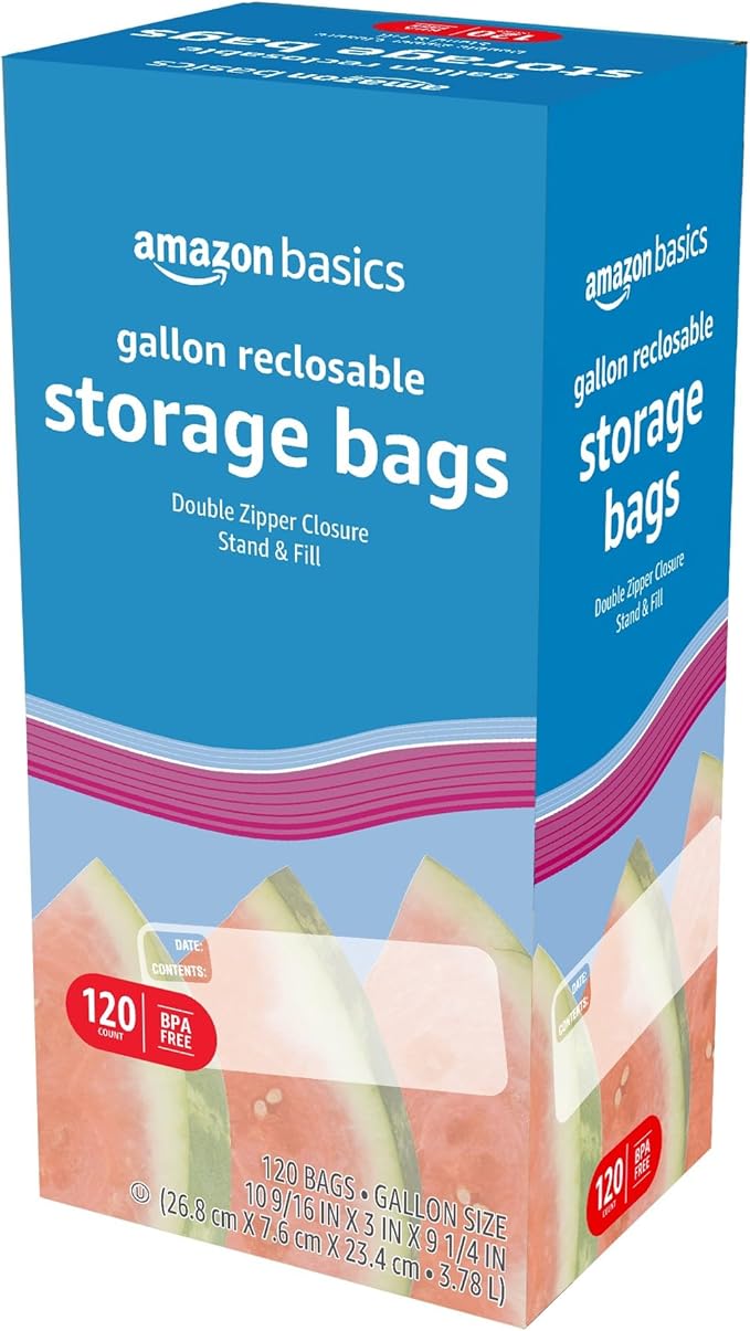 Amazon Basics Reclosable Gallon Food Storage Bags | Stand & Fill Base | 120 Count | Pack of 2