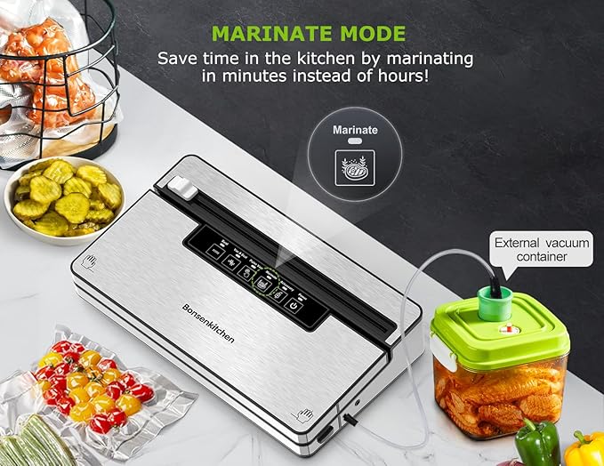 Bonsenkitchen Vacuum Sealer Machine, Stainless Steel Food Sealer Vacuum Sealers with 1 Roll & 5 Bags, 5 Food Vacuum Modes, Built-in Cutter & Bag Storage (Silver Black)