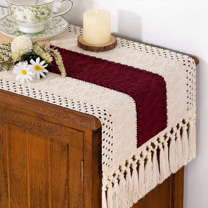 Socomi Boho Table Runner Macrame Easter Spring Farmhouse Woven Cotton Linen Rustic Coffee Table Runner with Tassels for Dresser Scarf Home Decor Dining Room 12x90 in Burgundy Ivory
