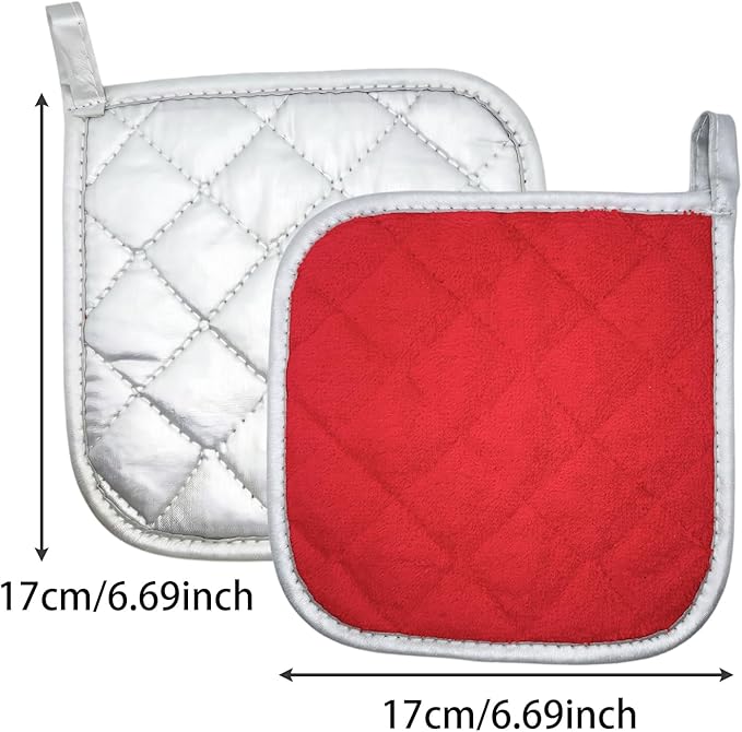 2pcs Cotton Heat Resistant Mat Pads for Baking Cooking Oven 6.7in Basic Square Pot Holder Multipurpose Quilted Liner Little Trivet Cloth Potholder for Kitchen Warming Buffets Party (Red & Silver)